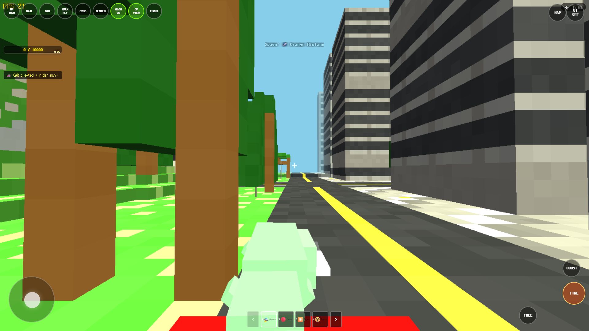 都市の道路で車に乗り前方を見ている実プレイ画面。