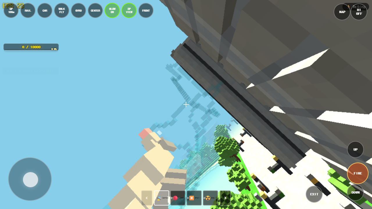 A live rail traversal across the imported city terrain; the frame shows converted blocks rather than Minecraft textures or assets.